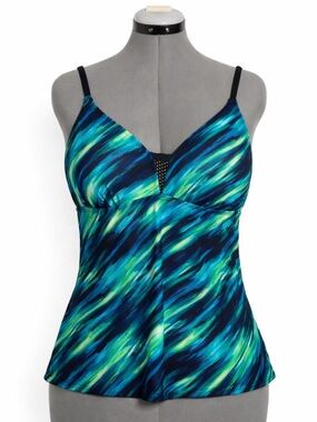 ZeroXposur Blue Green Abstract Tankini Top XL Mesh V-Neck Swim Top
